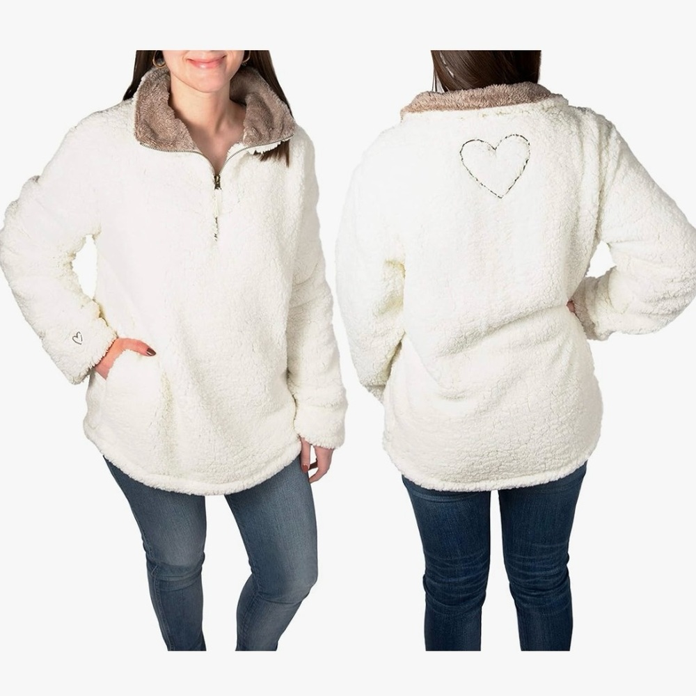 Pavilion Gift Company New Cozy Cream Sherpa Jacket Love Sister Heart Detail - M!